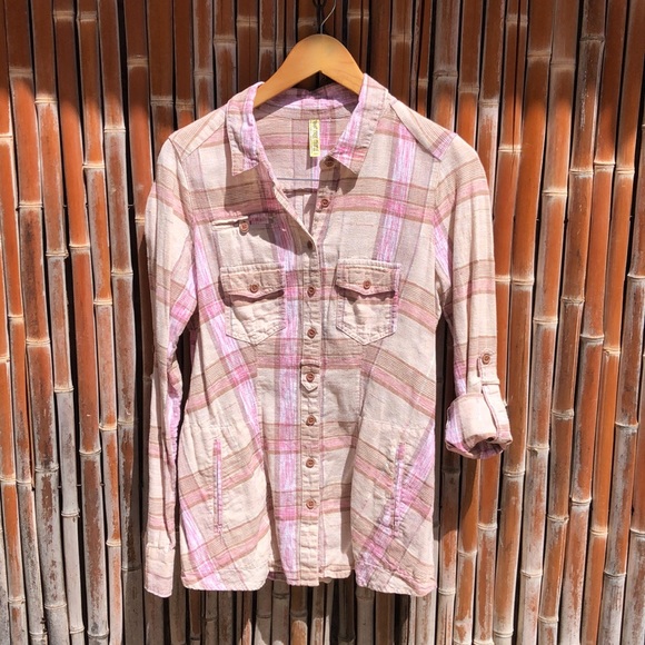 FREE PEOPLE Plaid Linen Blend Button Up Shirt with Pockets - Picture 10 of 11